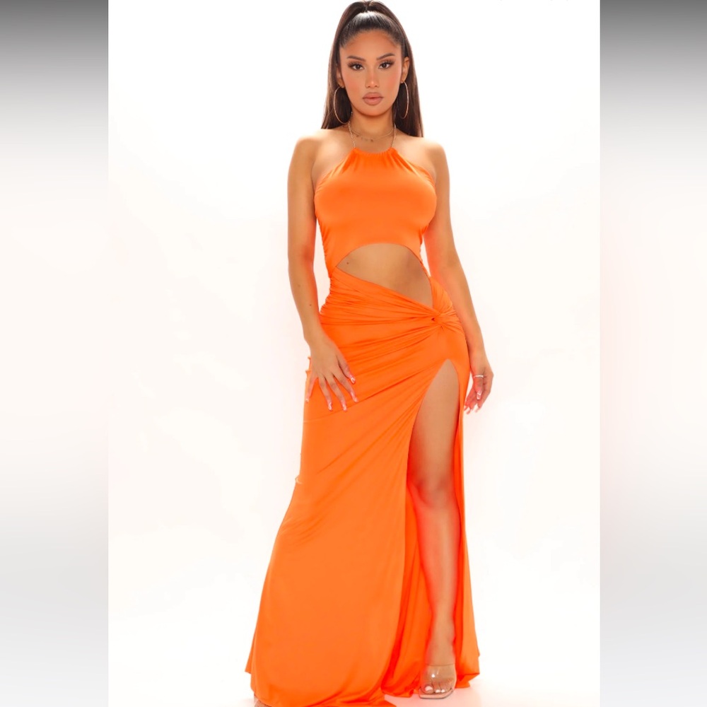 Orange XL Fashion Nova chain halter cut out high silt double lined maxi dress